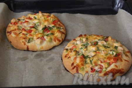 Выпекать лепёшки с курицей и овощами минут 25 (до румяности теста) в духовке, разогретой до 200 градусов.