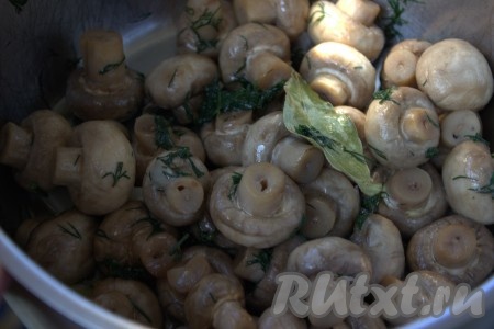 Выключить огонь и дать грибочкам полностью остыть. Как только шампиньоны остынут, слить рассол. Добавить к грибам 1 столовую ложку растительного масла и 1 чайную ложку лимонного сока, хорошо перемешать и дать настояться, примерно, 1 час.