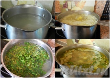 Когда сварится бульон, вытащить мясо, разрезать его на кусочки и вернуть в бульон. Довести до кипения, опустить в бульон картошку и капусту и варить до готовности. Когда картофель сварится, добавить нарезанные щавель, шпинат, зелень и обжаренные морковь и лук. Довести до кипения, выключить и дать зеленому борщу с щавелем и шпинатом настояться 30-40 минут.