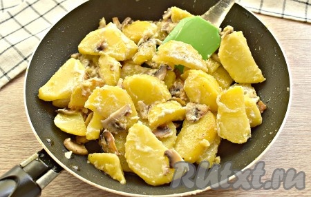 Картофель с грибами тушим в сметане 5 минут на небольшом огне, пару раз аккуратно перемешиваем в процессе тушения.