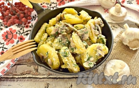 Аппетитную, вкусную, ароматную картошку с шампиньонами в сметане раскладываем со сковороды по тарелкам и с удовольствием угощаемся!