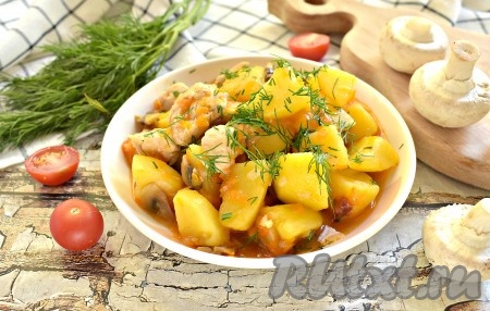 Картошку, тушёную с курицей и шампиньонами, сразу же подаём к столу, украсив, по желанию, нарезанной зеленью. Блюдо получается сытным, очень вкусным и ароматным, оно станет отличным обедом или ужином для вас и ваших близких!