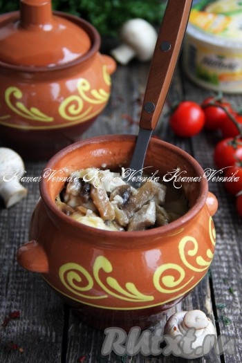 Запекать при температуре 200 градусов 15 минут. Затем горшочки с нежным, ароматным и очень вкусным жульеном, приготовленным с курицей, грибами и сыром со сливками, достать из духовки и подать к столу в горячем виде. Можно кушать прямо из горшочков или переложить на порционную тарелку.