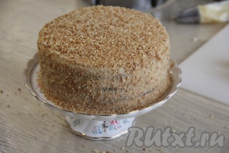 Аккуратно снять кольцо, измельчить в крошку остатки теста. Обсыпать торт полученной крошкой.