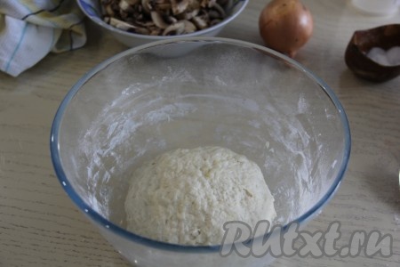 Перемешать тесто сначала ложкой, а затем хорошо вымесить его руками, подсыпая понемногу оставшуюся муку. Добавляя муку, учитывайте что дрожжевое тесто для пиццы должно получиться мягким, немного липнущим к рукам. Как только получили тесто нужной консистенции, значит больше муку добавлять не нужно. В процессе замеса теста важно ориентироваться именно на консистенцию теста, а не на количество муки, указанное в ингредиентах. Миску с тестом, накрыв полотенцем, поставить на 1 час в тёплое место (до увеличения теста в объёме в 2-3 раза). Я обычно убираю тесто подниматься в духовку и выставляю в ней режим "Лампочка" (без нагрева).