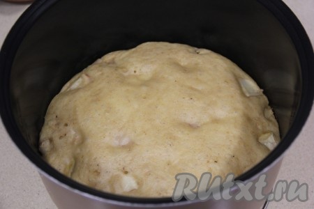 Чашу с тестом поместить в мультиварку, крышку закрыть, установить режим "Выпечка" на 50 минут. Готовность пирога можно проверить с помощью сухой шпажки (если после прокола пирога шпажка останется сухой, значит выпечка полностью готова).
