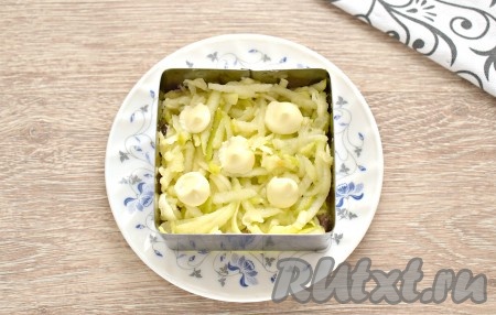 Промываем яблоко, обтираем. Натираем яблоко вместе с кожурой на крупной тёрке. Выкладываем натёртое яблочко следующим слоем и покрываем его майонезом.