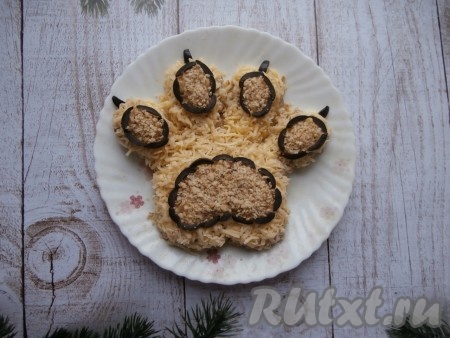 На лапах у кошачьих существуют мягкие подушечки. Чтобы выделить и придать форму подушечкам на лапам, нужно посыпать части салата в серединке мелкорублеными грецкими орехами. Нарезанными на полосочки маслинами выложить контуры подушечек лапы. Когти сделать из небольших кусочков полос маслин.