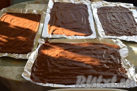 Размазываем шоколадное тесто при помощи ложки, придавая форму прямоугольника (или круга, если печёте медовик круглой формы). Я делаю сразу все заготовки коржей, чтобы во время выпечки я могла заниматься приготовлением сметанного крема. У меня осталось ещё немного теста и получился тоненький 5 коржик, его можно будет отправить в торт или использовать для обсыпки медовика сверху.