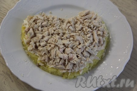 Куриное филе мелко нарезать и выложить следующим слоем. 