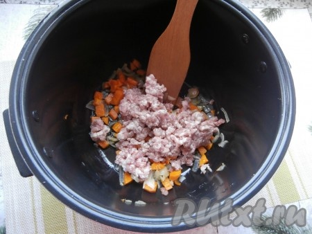 Далее добавить в чашу фарш.