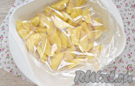 Картошку с чесноком перекладываем в рукав для запекания. Завязываем края рукава с двух сторон. На поверхности рукава делаем 2-3 прокола ножом. Рукав с картошкой перекладываем в форму для запекания.