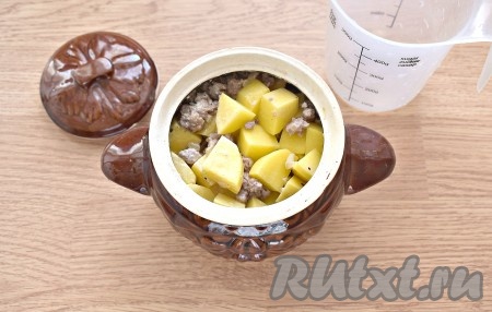 Картошку с фаршем перекладываем в горшочек (у меня горшочек объёмом 600 мл), вливаем, примерно, 50-70 мл кипячёной воды.