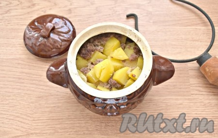 Горшочек закрываем крышкой и ставим в духовку, прогретую до 190 градусов, на 45-50 минут.