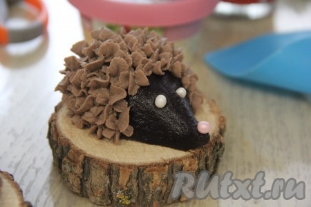 Вставить сахарные бусинки белого цвета в качестве глаз и розовую бусинку в виде носика. Отсадить творожный шоколадный крем в виде иголочек.