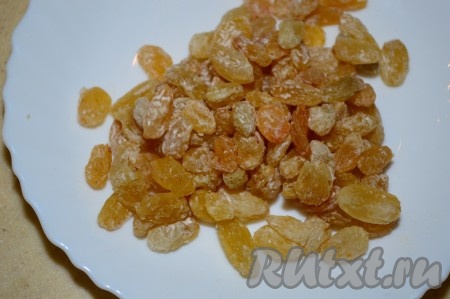 Обсушенный изюм смешать с двумя чайными ложками муки. Благодаря муке, изюм в дальнейшем будет более равномерно распределяться в тесте. Изюм добавить в тесто и перемешать.