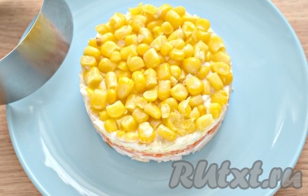 Столовой ложкой (или лопаточкой) немного прижимаем слои салата, а потом уже снимаем сервировочное кольцо. Ставим салат пропитаться минут на 15-20 в холодильник.