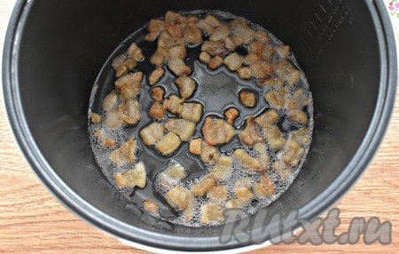 Включаем программу мультиварки «Жарка». Время устанавливаем 30 или 35 минут. В чашу мультиварки выкладываем кусочки сала и обжариваем их, примерно, 10-15 минут, иногда перемешивая (готовим без крышки). Из сала вытопится жир, а кусочки «превратятся» в шкварки.