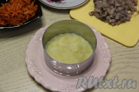 Теперь можно приступать к непосредственному формированию салата "Селёдка под лисьей шубой". Можно сформировать салат на одной тарелке с помощью кулинарного кольца или выложить слоями в салатнике. Я сделала две порции салата, формируя с помощью кольца диаметром 10 см. Соответственно, формируя две порции салата, равномерно делите ингредиенты на две части. Кольцо для салата поместить на достаточно плоскую тарелку. Картошку почистить и натереть на тёрке. Выложить половину натёртой картошки на дно кольца. Слегка посолить картофельный слой и утрамбовать. 