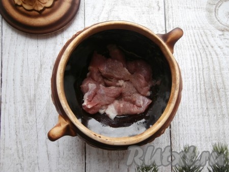 В горшочки влить растительное масло, выложить кусочки свинины, поперчить их и посолить. Это блюдо я готовила в двух горшочках, раскладывая по ним продукты в равных количествах.