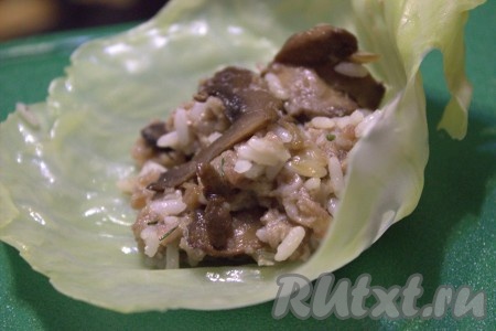 На каждый капустный лист выложить по 1-1,5 столовых ложки начинки.