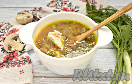 Разливаем вкусный, наваристый гречневый суп с курицей и грибами по тарелкам и подаём на стол. Это блюдо прекрасно насытит и внесёт разнообразие в повседневное семейное меню.