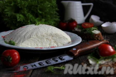 По прошествии двух дней нежный, вкусный, мягкий домашний сыр, приготовленный из творога, яиц и соды, переложить на тарелку и можно подавать к столу.