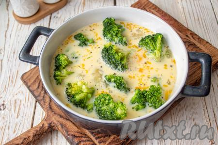 Яично-молочную смесь вылейте на брокколи. Поставьте омлет в заранее разогретую до 180-190 градусов&nbsp;духовку на 25-30 минут.&nbsp;