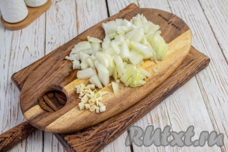 Лук очистите и нарежьте на небольшие кубики. У меня 2 небольшие луковицы, если лук крупный, достаточно будет и 1 головки. Мелко нарежьте очищенные зубчики чеснока.