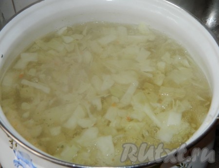 В кипящий бульон добавить капусту, обжаренные лук и морковь.