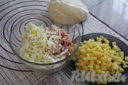 Картошку очистить и нарезать на кубики, одну луковицу тоже очистить и нарезать мелко. Соединить мясной фарш, картошку и лук в миске.