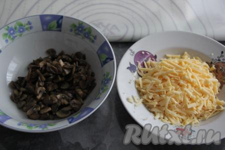 Обжаренные шампиньоны переложить в тарелку, дать полностью остыть. В другую тарелку натереть на тёрке сыр.