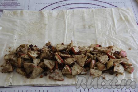 Выложить на подготовленное тесто,&nbsp;ближе к одну из широкий краёв, половину начинки из яблок, изюма и орехов.