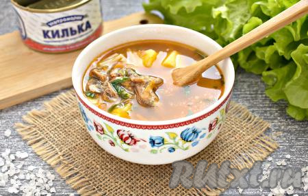 Вкусный, аппетитный, сытный суп, сваренный из кильки в томатном соусе с вермишелью, разливаем по тарелкам и подаём на стол. Уверена, это первое блюдо отлично впишется в повседневное меню!