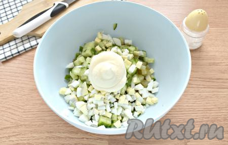 Для заправки я взяла покупной майонез. Использовать можно и майонез, приготовленный самостоятельно в домашних условиях. Подойдёт также натуральный йогурт или сметана. По вкусу солим салат из говядины с яйцами и огурцами.