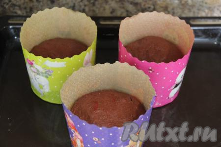 Выложить тесто в формы, заполняя их до середины, и оставить на 35 минут для расстойки. Я использовала бумажные формочки для куличей, их смазывать не надо. Если у вас железные формы, то обязательно сперва смажьте их маслом изнутри.