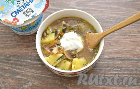 Очень вкусный, ароматный грибной суп из шампиньонов разливаем из чаши мультиварки по тарелкам и подаём к столу, дополнив сметаной.