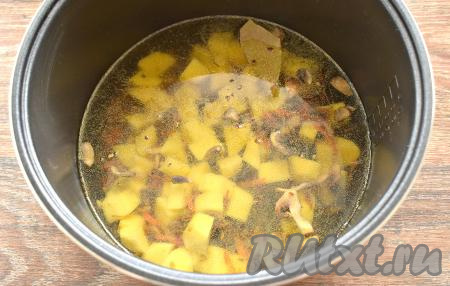 По вкусу солим, добавляем лавровый лист и вливаем тёплую кипячёную воду. Мультиварку закрываем крышкой.