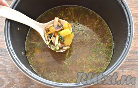 Устанавливаем программу «Суп» на 40 минут. Когда программа будет завершена, мультиварку открываем, грибной суп перчим, добавляем измельчённый свежий укроп.