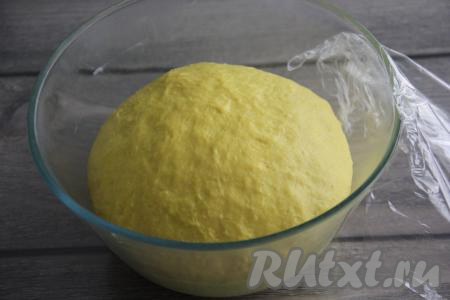 Тесто оставить на 1,5 часа в тепле (тесто должно увеличиться в объёме в 2-3 раза). Обмять его и дать подняться второй раз. Второй раз оно поднимется за минут 40.