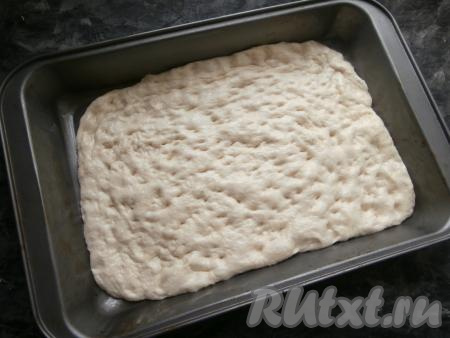 Форму или противень (у меня размер противня - 34 см на 25 см) смазать 1 чайной ложкой растительного масла, мягкое тесто распределить (растянуть руками) по всему противню.