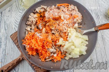 Лук, чеснок и морковь очистите. В подходящей посуде смешайте куриный фарш, нарезанные грибы, натёртую на мелкой тёрке морковь, нарезанные на мелкие кубики лук и чеснок, добавьте соль, специи (я добавила чёрный молотый перец и 1 чайную ложку универсальной приправы для мяса).