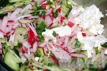 В миску с творогом выкладываем нарезанные редиску, огурец и зелёный лук.
