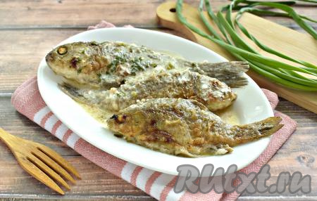 Вкусные, нежные караси, тушёные в сметане, готовы. Сразу подаём их на стол.