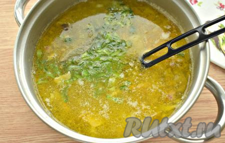 В конце приготовления пробуем щи на вкус. Сдабриваем специями, кладём лавровый лист. Добавляем нарезанный колечками зелёный лук (или другую зелень), даём ароматным щам закипеть. Затем провариваем пару минут на небольшом огне, выключаем огонь. Кастрюлю накрываем крышкой и настаиваем щи минут 7-10.