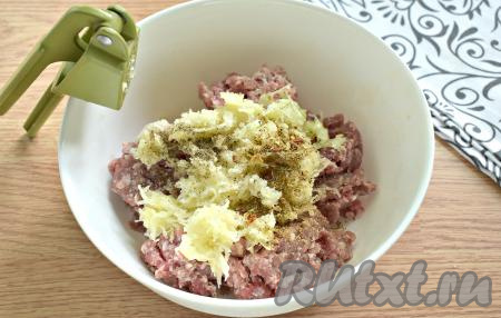 Фарш с картошкой и луком солим, добавляем приправу для мяса и пропущенный через пресс чеснок, перчим.
