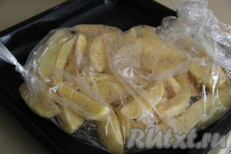 Выложить дольки картошки в рукав для запекания. Поместить рукав на противень.