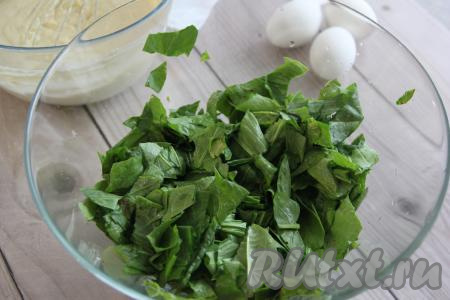 Щавель промыть под водой, обсушить его немного и нарезать на полоски шириной 2 сантиметра.