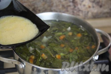 Как только щи закипят, добавить соль и специи по вкусу. Влить тонкой струйкой взбитое яйцо в кастрюлю, при этом интенсивно перемешивая зелёные щи ложкой.
