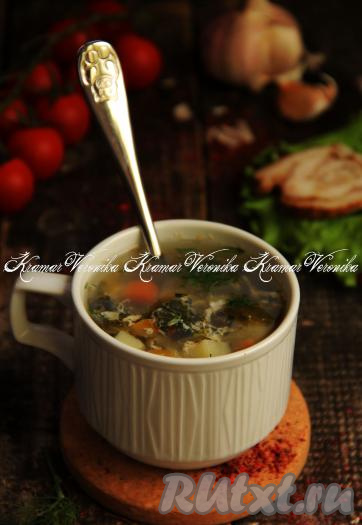 Разлить вкусные, с приятной кислинкой, аппетитные зелёные щи, приготовленные с крапивой и щавелем, по тарелкам и подать к столу со сметанкой.